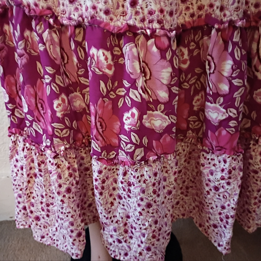 Free People Floral Pink Long Maxi Skirt S 4 6 Tiered Ruffle Boho - Picture 6 of 9